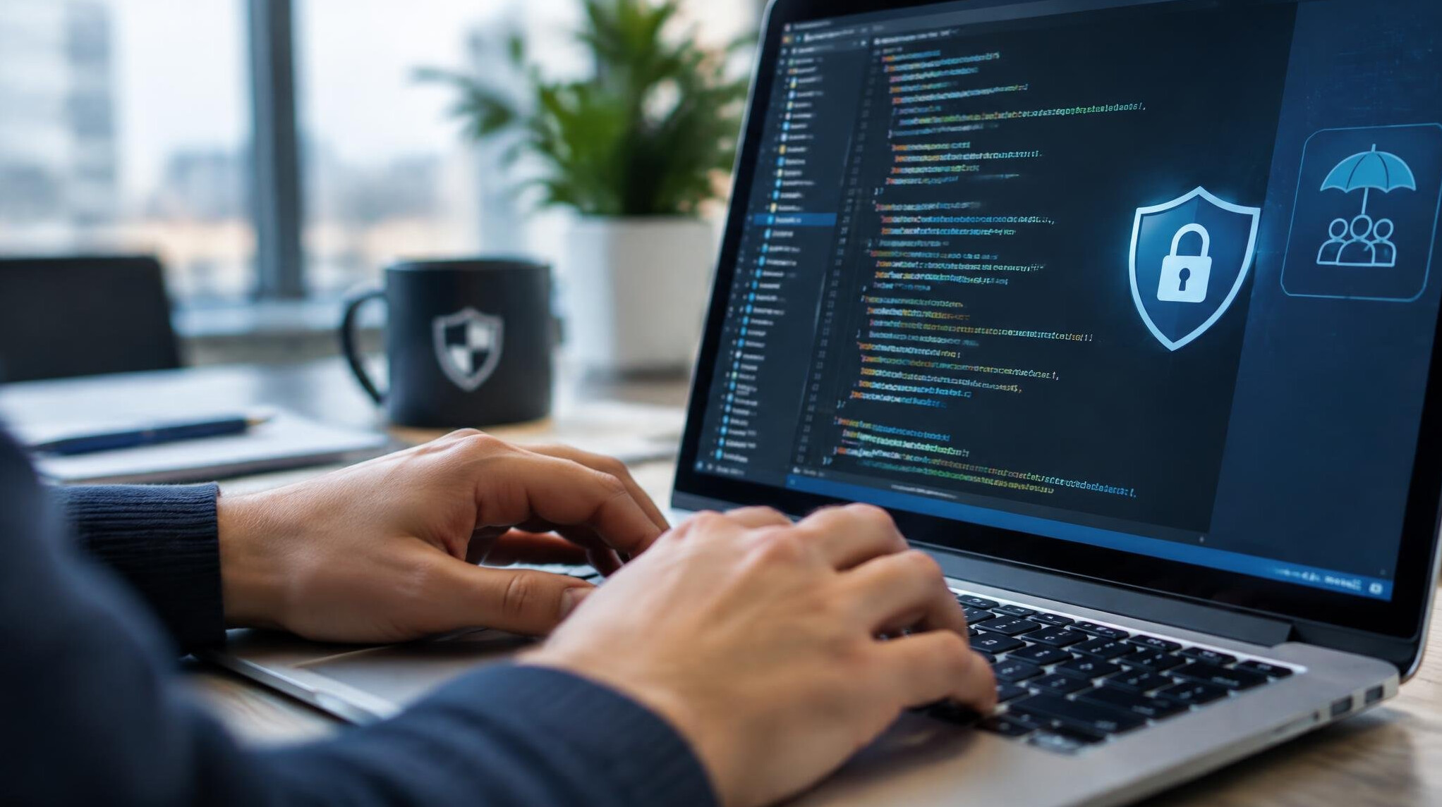 Close-up of hands typing on laptop with code on screen representing data security