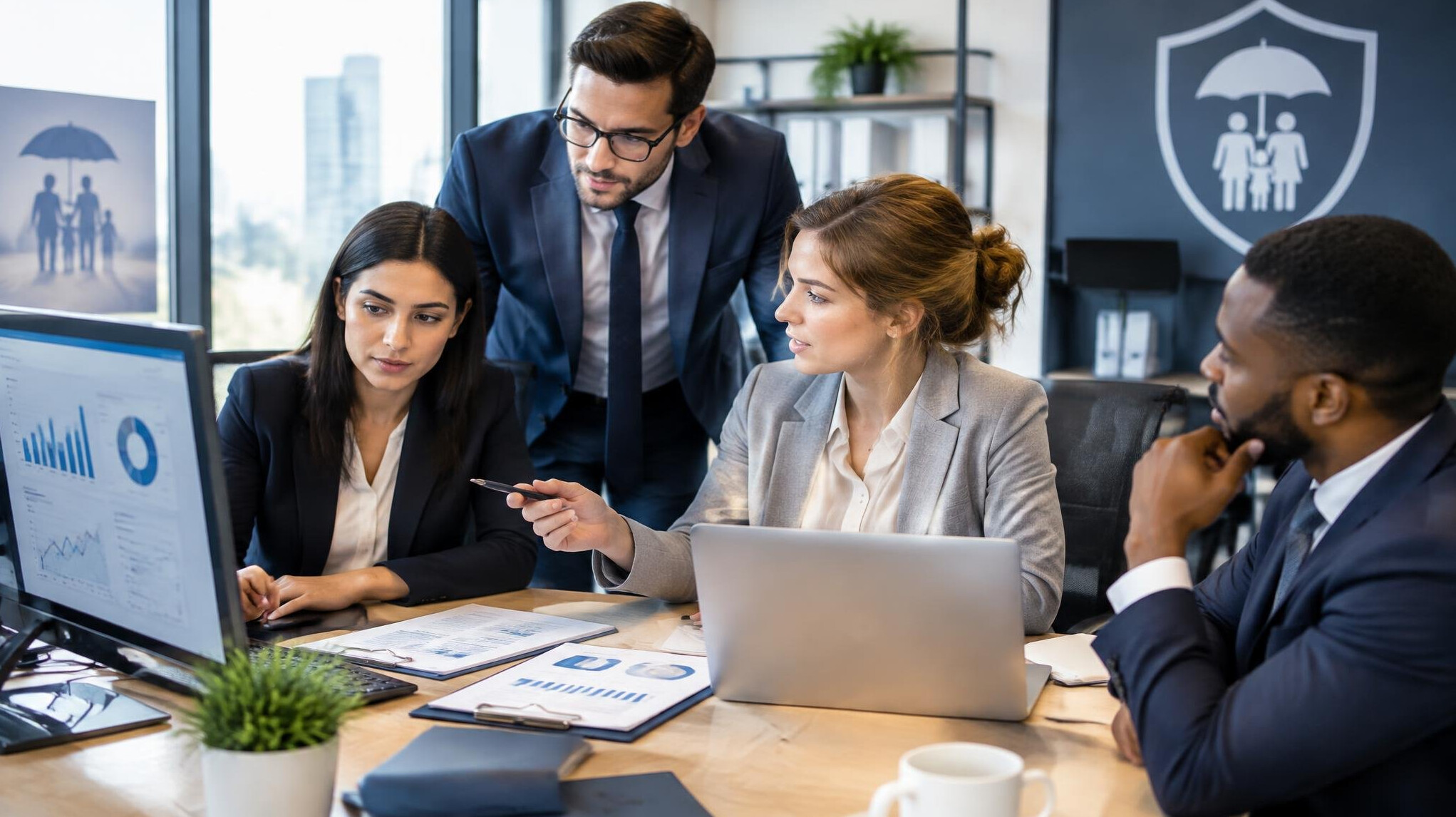 insurance team working on computer